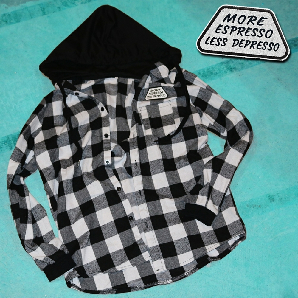 Black/White Plaid Button Down Hoodie (With Hood.)